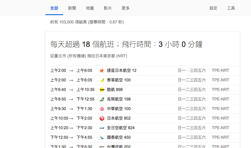 google 搜尋航班
