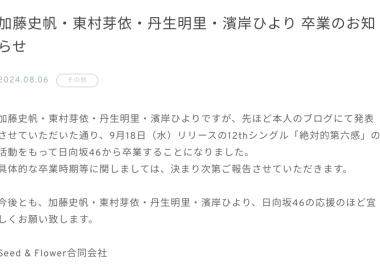 日向坂46加藤史帆、東村芽依、丹生明里、濱岸ひより宣布12張單曲活動結束後畢業 圖片1